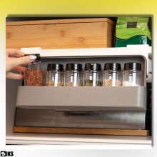 Organizator Condimente SIKS, Suport Condimente, cu 6 Recipiente Pentru Condimente, Montare Sub Raft, 32 x 13.5 x 8.5 Cm, Alb/Gri
