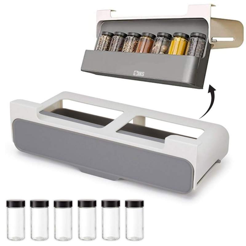 Organizator Condimente SIKS, Suport Condimente, cu 6 Recipiente Pentru Condimente, Montare Sub Raft, 32 x 13.5 x 8.5 Cm, Alb/Gri