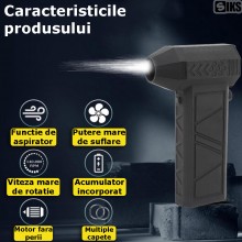 Suflanta Aer Comprimat Portabila SIKS Cu Functie Aspirator Fara Fir Violent Fan, 2 in 1, 15W, 140000 RPM, Baterie 8000 mAh, P...