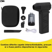 Suflanta Aer Comprimat Portabila SIKS Cu Functie Aspirator Fara Fir Violent Fan, 2 in 1, 15W, 140000 RPM, Baterie 8000 mAh, P...