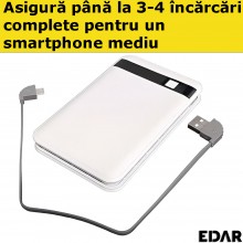 Baterie Externa EDAR, Cablu Inclus, Patru Iesiri, Compatibil Android/IOS, Incarcare USB, Capacitate 15000 mAh, Culoare Alba Baterie Externa EDAR, Cablu Inclus, Patru Iesiri, Compatibil Android/IOS, Incarcare USB, Capacitate 15000 mAh, Culoare Alba