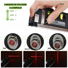 Nivela Laser Multifunctionala EDAR cu Boloboc si Ruleta, Functioneaza cu 3 Baterii AG13, Lungime Ruleta 2.5m, Negru