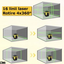 Nivela Laser 3D Si 4D, Cu Auto-Nivelare SIKS, 16 Linii, 4x360º, IP-54, 25m, 532nm Dioda Laser Verde, Trepied 96 cm, Precizie ...