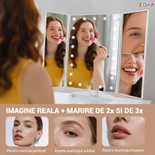 Oglinda cosmetica EDAR, marire 2x si 3x, rotatie 180°, functioneaza cu baterii sau/si USB, culoare alba