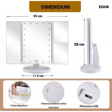 Oglinda cosmetica EDAR, marire 2x si 3x, rotatie 180°, functioneaza cu baterii sau/si USB, culoare alba