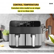 Friteuza cu aer cald dubla EDAR, 9L, 2000W, 8 programe automate, tehnologie Smart Chef, sertare cu fereastra, reglaj temperat... Friteuza cu aer cald dubla EDAR, 9L, 2000W, 8 programe automate, tehnologie Smart Chef, sertare cu fereastra, reglaj temperat...
