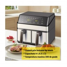 Friteuza cu aer cald dubla EDAR, 9L, 2000W, 8 programe automate, tehnologie Smart Chef, sertare cu fereastra, reglaj temperat... Friteuza cu aer cald dubla EDAR, 9L, 2000W, 8 programe automate, tehnologie Smart Chef, sertare cu fereastra, reglaj temperat...