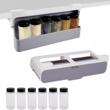 Raft Cu Organizator De Condimente EDAR, Montare Sub Raft, Fara Gauri, 6 Recipiente De Plastic, Alb/Gri