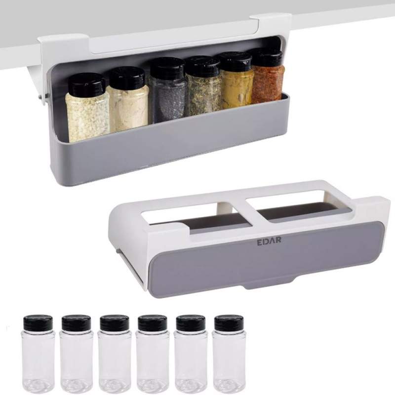Raft Cu Organizator De Condimente EDAR, Montare Sub Raft, Fara Gauri, 6 Recipiente De Plastic, Alb/Gri Raft Cu Organizator De Condimente EDAR, Montare Sub Raft, Fara Gauri, 6 Recipiente De Plastic, Alb/Gri