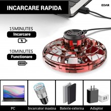 Drona Mini OZN EDAR, Disc Zburator Interactiv cu 5 Senzori Infrarosu, Lumini LED, Control prin Gesturi, Incarcare USB, Culoar...