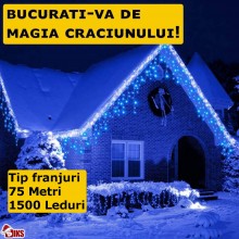 Instalatie Craciun Tip Turturi/Franjuri SIKS, 75 Metri, 1500 Led-uri, Pentru Casa / Gradina / Gard, Cu 1 Joc De Lumini Alb Re...