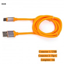 Cablu EDAR USB Tip C, 1m, Portocaliu, Pentru Incarcare si Transfer Date, Compatibil Universal