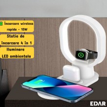 Incarcator Wireless 4 In 1 EDAR Cu Iluminare LED – Fast Charging 15W, Cablu USB-C Inclus, Alb Incarcator Wireless 4 In 1 EDAR Cu Iluminare LED – Fast Charging 15W, Cablu USB-C Inclus, Alb