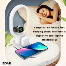 Incarcator Wireless 4 In 1 EDAR Cu Iluminare LED – Fast Charging 15W, Cablu USB-C Inclus, Alb