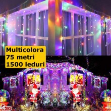 Instalatie Craciun Multicolora Tip Turturi/Franjuri SIKS, 75 Metri, 1500 Led-uri, Pentru Casa / Gradina / Gard, Cu 1 Joc De L...