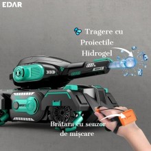 Tanc De Jucarie EDAR Interactiv Control Cu Bratara - Proiectile Hidrogel, Lumini & Sunete, 360°, Off-Road, Negru cu Turcoaz