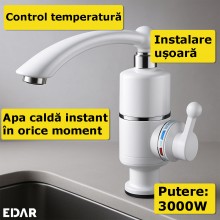 Robinet Electric EDAR Pentru Incalzire Apa Instant, Montare pe Chiuveta, 3000 W, Ideal pentru Bucatarie, Baie, Alb
