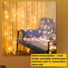 Instalatie de Craciun Tip Perdea SIKS, 3 x 3 m, 300 LED-uri, Fir Transparent, Interconectabila, Pentru Perete / Geam / Garaj,...