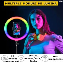 Lampa Circulara Led Ring Light SIKS Cu Lumina Alba Si RGB, Telecomanda Selfie, Functie Stroboscop, 15 Moduri RGB, Ring Light ... Lampa Circulara Led Ring Light SIKS Cu Lumina Alba Si RGB, Telecomanda Selfie, Functie Stroboscop, 15 Moduri RGB, Ring Light ...