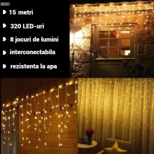 Instalatie De Craciun EDAR Model Turturi, 15 m, 320 Led-uri, Cu 8 Jocuri De Lumini, Franjuri, Pentru Exterior/Interior, Rezis...