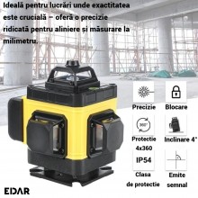 Nivela Laser 3D & 4D EDAR Cu Auto-Nivelare – 16 Linii, 4x360º, Laser Verde 532nm – Kit Complet Profesional