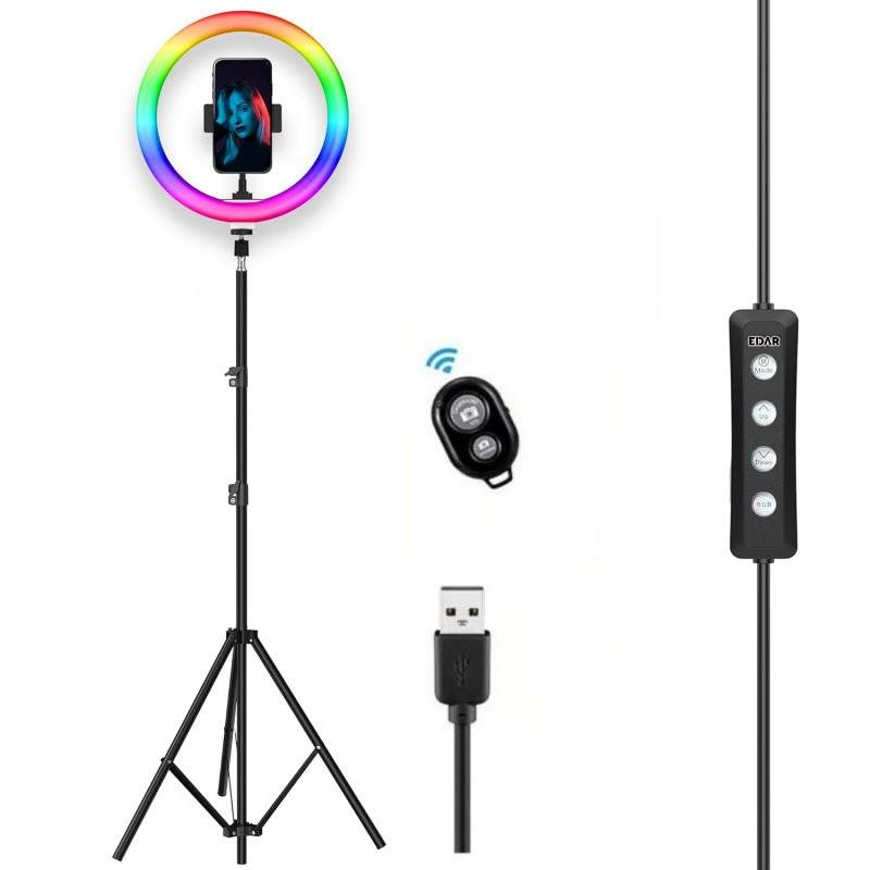 Lampa Circulara LED RGB EDAR 30 cm, Cu Telecomanda Selfie, 3 Moduri De Lumina, 8 Trepte Reglaj, Functie Stroboscop, 15 Culori...