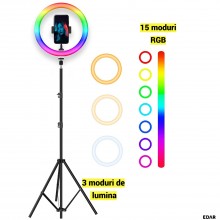 Lampa Circulara LED RGB EDAR 30 cm, Cu Telecomanda Selfie, 3 Moduri De Lumina, 8 Trepte Reglaj, Functie Stroboscop, 15 Culori...