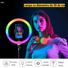 Lampa Circulara LED RGB EDAR 30 cm, Cu Telecomanda Selfie, 3 Moduri De Lumina, 8 Trepte Reglaj, Functie Stroboscop, 15 Culori...