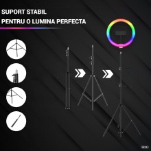 Lampa Circulara LED RGB EDAR 30 cm, Cu Telecomanda Selfie, 3 Moduri De Lumina, 8 Trepte Reglaj, Functie Stroboscop, 15 Culori...