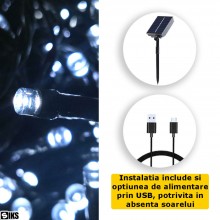 Instalatie De Craciun Liniara Solara SIKS Cu Telecomanda Pentru Exterior / Interior, 30 m, 300 LED-uri, Cu 8 Jocuri De Lumini...