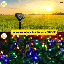 Instalatie Liniara Solara de Craciun EDAR, 10 m, 100 LED-uri Multicolore, Telecomanda, 8 Jocuri de Lumini, Fir Verde Inchis, ...