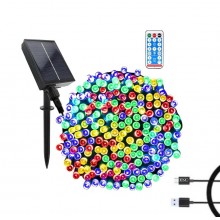 Instalatie Liniara Solara de Craciun EDAR, 50 m, 500 LED-uri Multicolore, Telecomanda, 8 Jocuri de Lumini, Fir Verde Inchis, ...