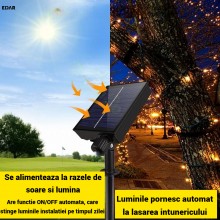 Instalatie Liniara Solara de Craciun EDAR, 50 m, 500 LED-uri Alb Calde, Telecomanda, 8 Jocuri de Lumini, Fir Verde Inchis, Pe...