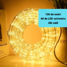 Banda Decorativa Craciun EDAR, 100 m, 48 LED/metru, SMD2835, Alb Cald, IP65 Rezistent la Apa, 8 Jocuri de Lumini, Protectie F...