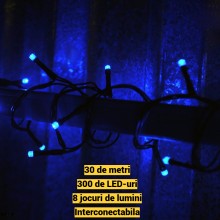 Instalatie Liniara de Craciun EDAR, 30 m, 300 LED-uri Mari Stil Diamant, Albastru, 8 Jocuri de Lumini, Interconectabila, Pent...