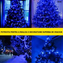 Instalatie Liniara de Craciun EDAR, 30 m, 300 LED-uri Mari Stil Diamant, Albastru, 8 Jocuri de Lumini, Interconectabila, Pent...