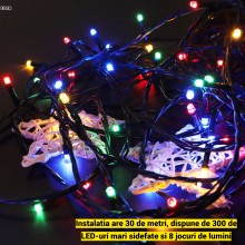 Instalatie Liniara de Craciun EDAR, 30 m, 300 LED-uri Mari Sidefate, Multicolor, 8 Jocuri de Lumini, Interconectabila, Pentru...