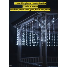 Instalatie LED de Craciun EDAR, Franjuri Luminoase 12m x 1m, 8 Functii de Iluminare, Interconectabila, Fir Transparent, Alb R...