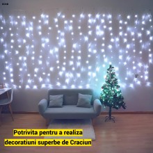 Instalatie LED de Craciun EDAR, Franjuri Luminoase 12m x 1m, 8 Functii de Iluminare, Interconectabila, Fir Transparent, Alb R...