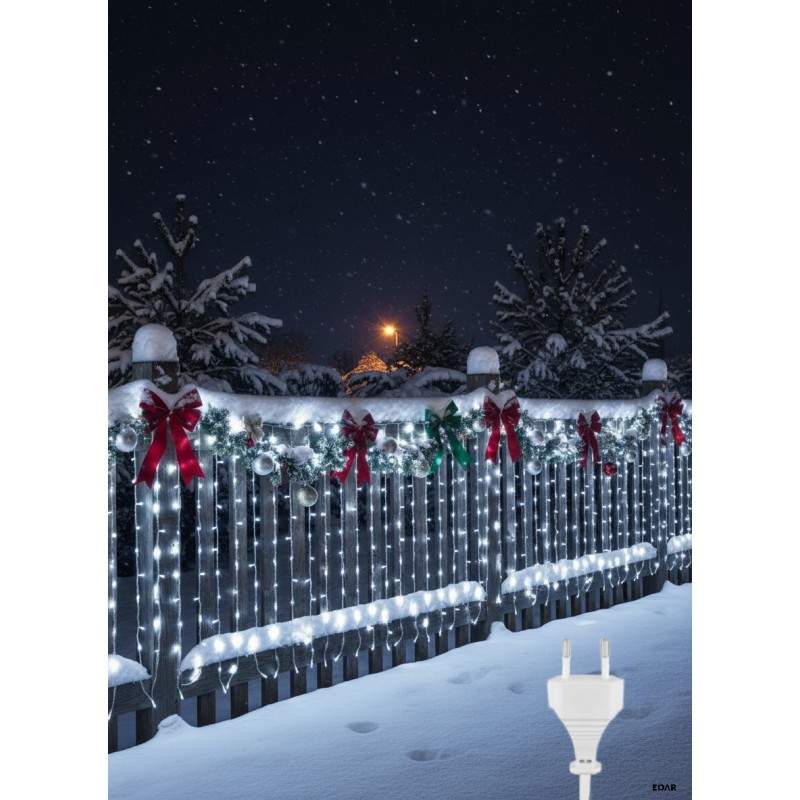 Instalatie LED de Craciun EDAR, Franjuri Luminoase 12m x 1m, 8 Functii de Iluminare, Interconectabila, Fir Transparent, Alb R...