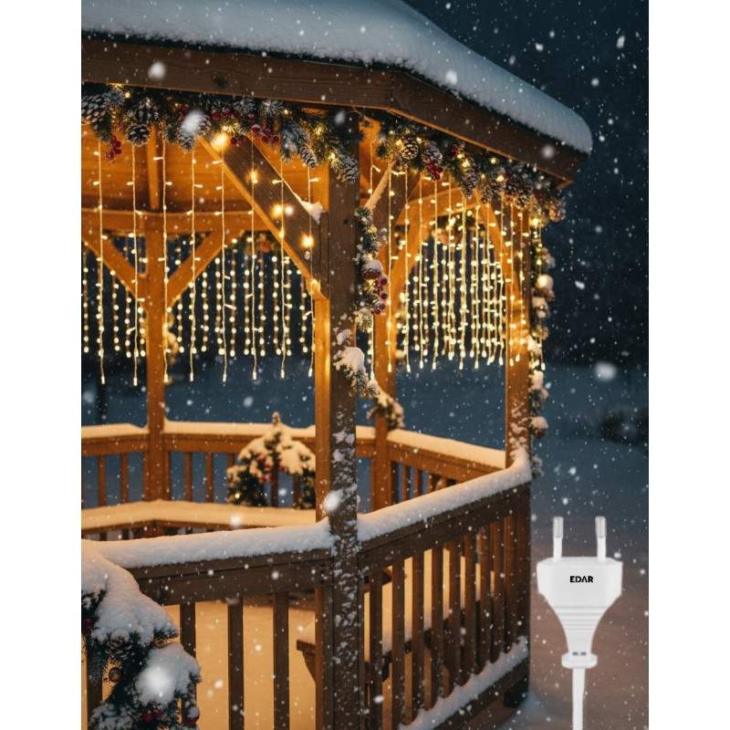 Instalatie LED de Craciun EDAR, Franjuri Luminoase 12m x 1m, 8 Functii de Iluminare, Interconectabila, Fir Transparent, Alb C...