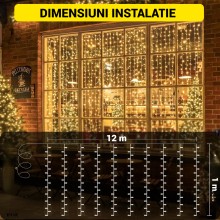 Instalatie LED de Craciun EDAR, Franjuri Luminoase 12m x 1m, 8 Functii de Iluminare, Interconectabila, Fir Transparent, Alb C...