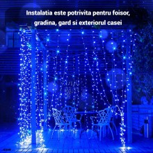 Instalatie LED de Craciun EDAR, Franjuri Luminoase 12m x 1m, 8 Functii de Iluminare, Interconectabila, Fir Transparent, Albas...