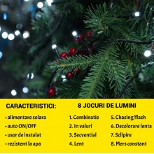 Instalatie Liniara Solara de Craciun EDAR, 10 m, 100 LED-uri Alb Reci, Telecomanda, 8 Jocuri de Lumini, Fir Verde Inchis, Pen...