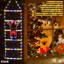 Decoratiune Casa Mos Craciun Catarator Pe Scara EDAR, Cu Varf De Brad, 25x165 cm, Lumina LED, 8 Jocuri, Conectare La Priza, M...