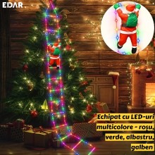 Decoratiune Casa Mos Craciun Catarator Pe Scara EDAR, Cu Varf De Brad, 25x165 cm, Lumina LED, 8 Jocuri, Conectare La Priza, M...