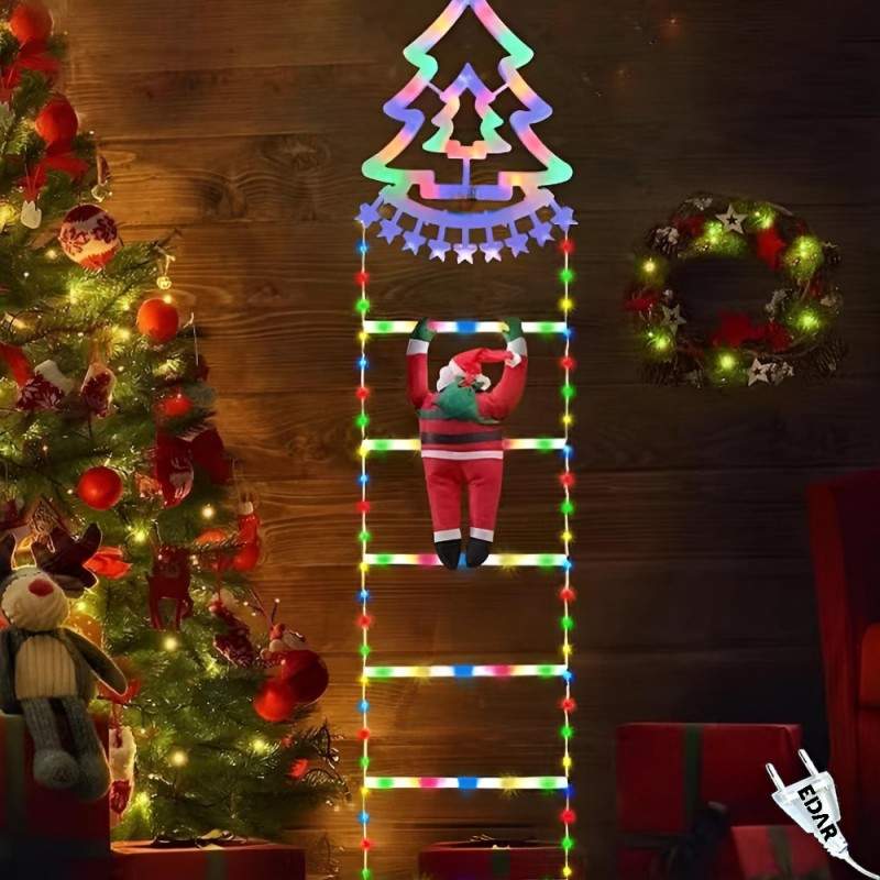 Decoratiune Casa Mos Craciun Catarator Pe Scara EDAR, Cu Varf De Brad, 25x165 cm, Lumina LED, 8 Jocuri, Conectare La Priza, M...