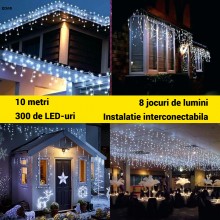 Instalatie De Craciun EDAR Model Turturi, 10 m, 300 Led-uri, Cu 8 Jocuri De Lumini, Franjuri, Pentru Exterior/Interior, Rezis...