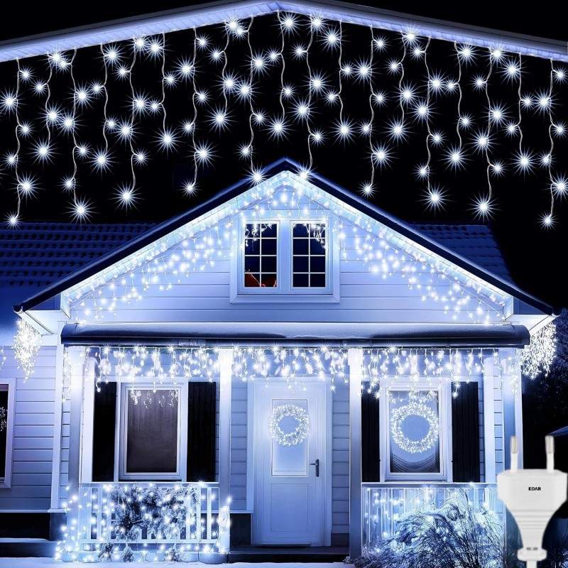 Instalatie De Craciun EDAR Model Turturi, 10 m, 300 Led-uri, Cu 8 Jocuri De Lumini, Franjuri, Pentru Exterior/Interior, Rezis...