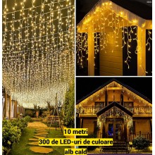 Instalatie De Craciun EDAR Model Turturi, 10 m, 300 Led-uri, Cu 8 Jocuri De Lumini, Franjuri, Pentru Exterior/Interior, Rezis...